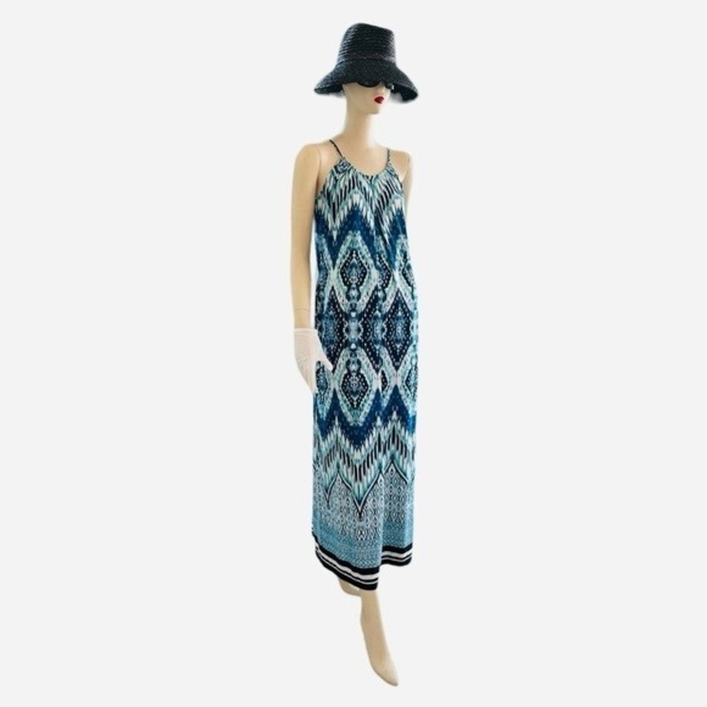 Enfocus Studio Women Maxi Dress 6 Emerald Print Blue Green White Boho Sleeveless - Picture 5 of 13